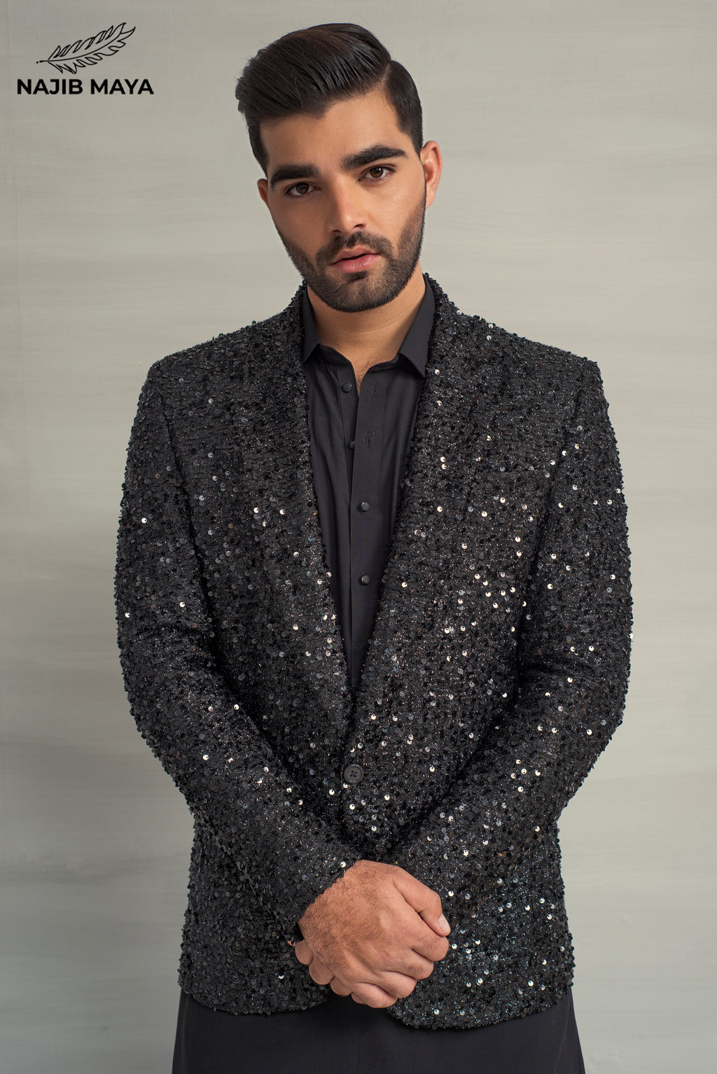 Black Sequence Casual Coat + Black Shalwar Kameez For Men's