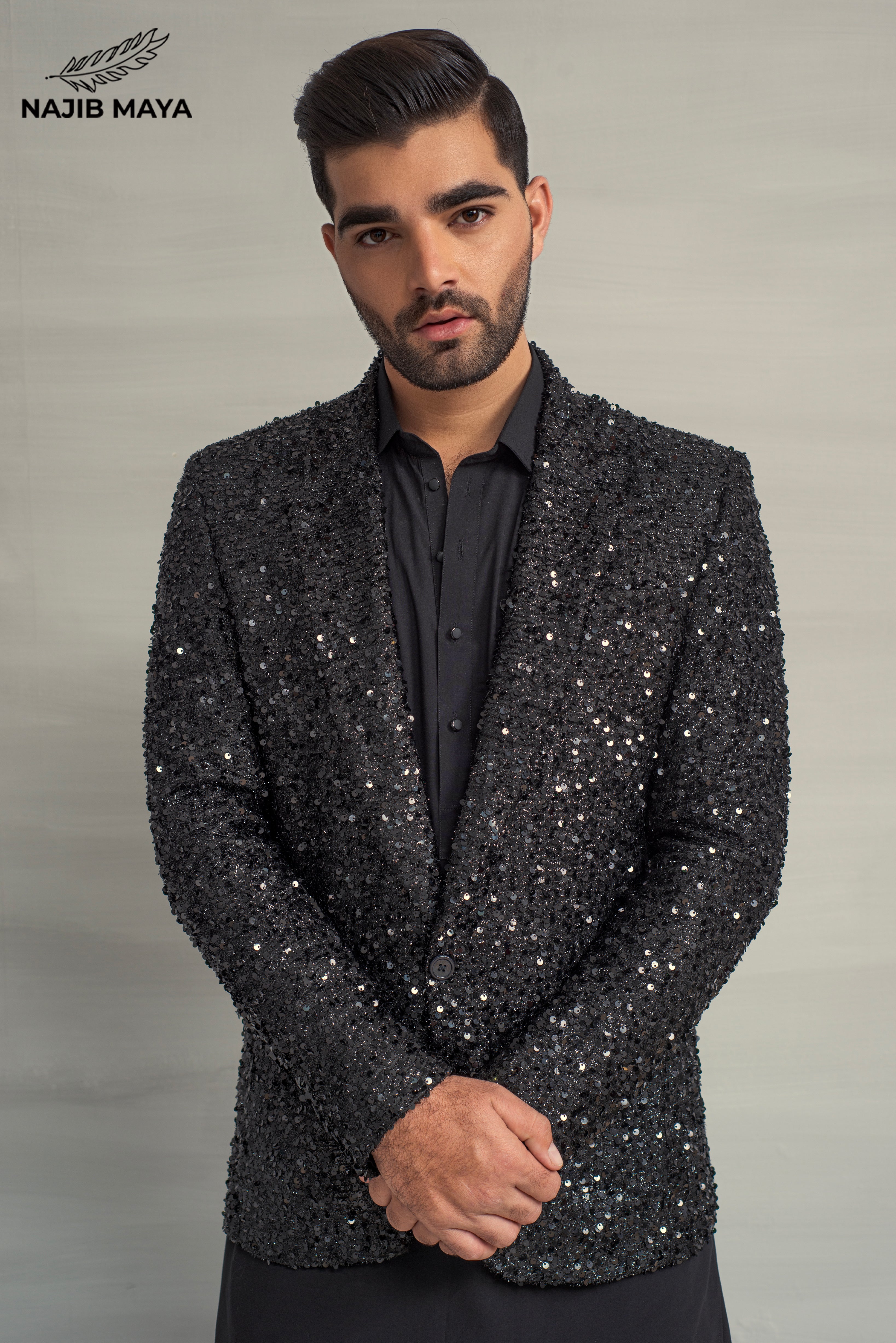 Black Sequence Casual Coat + Black Shalwar Kameez For Men's
