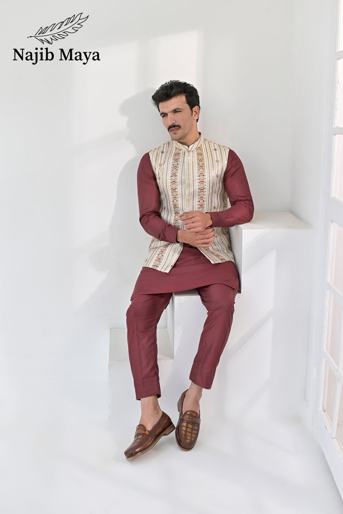 Cream Multi Embroidery Waist Coat & Maroon Kurta Pajama For Men's