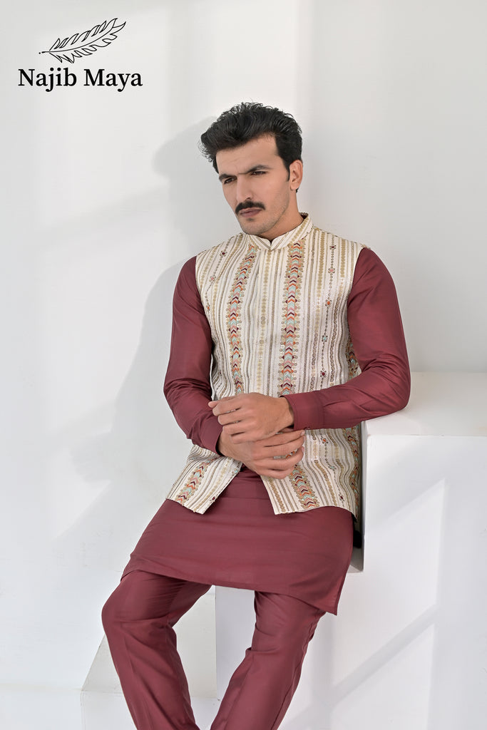 Cream Multi Embroidery Waist Coat & Maroon Kurta Pajama For Men's