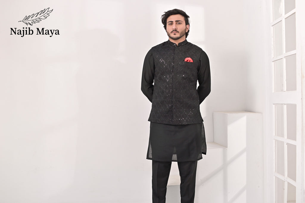 Black Embroidery Waist Coat & Black Kurta Pajama For Men's