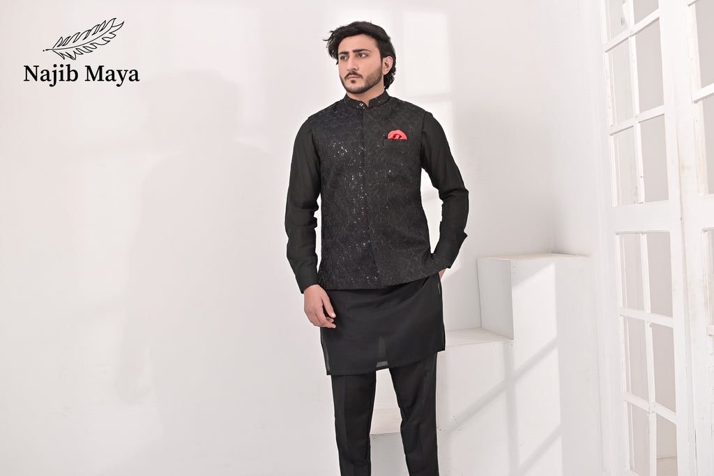 Black Embroidery Waist Coat & Black Kurta Pajama For Men's