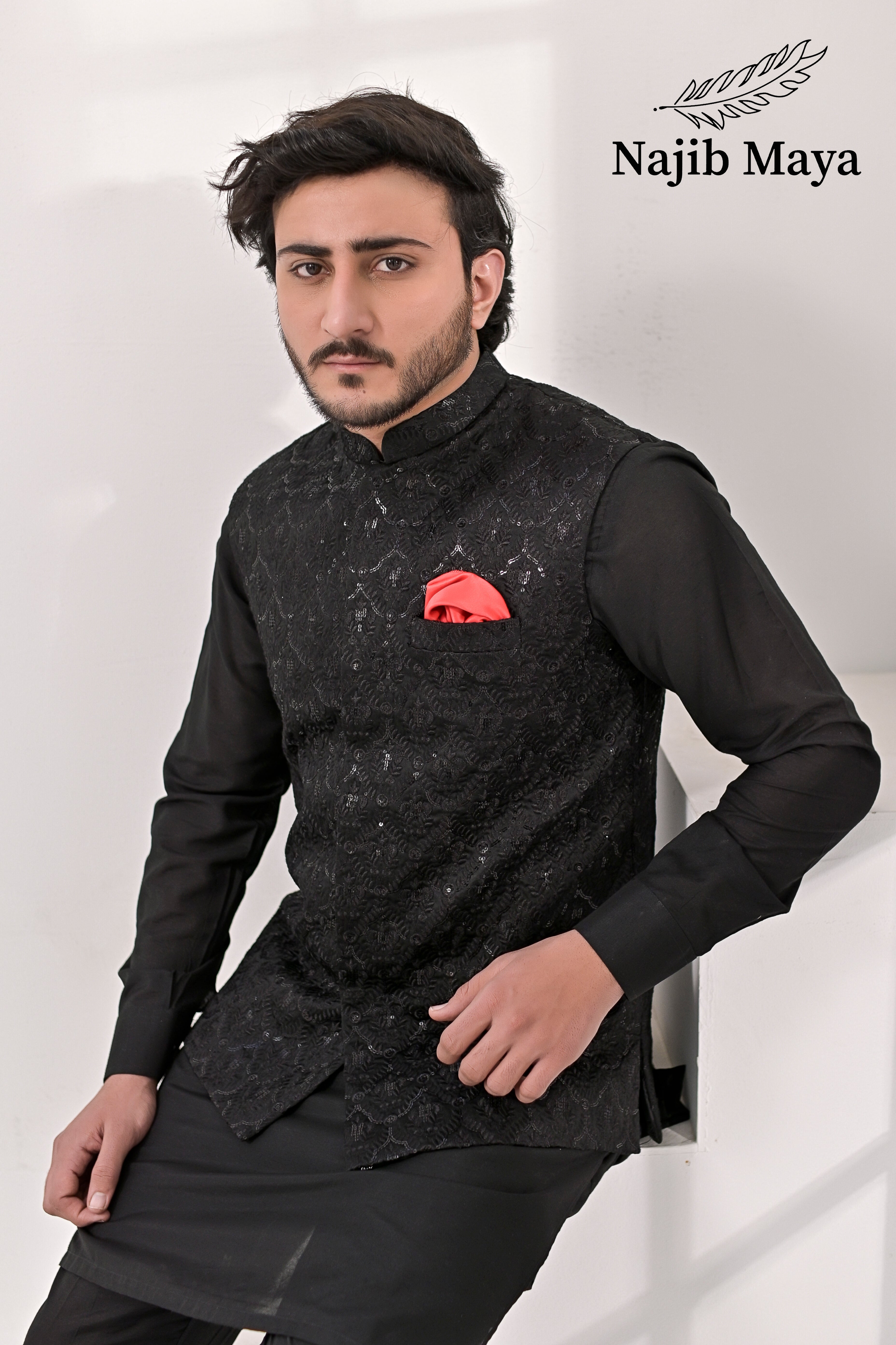Black Embroidery Waist Coat & Black Kurta Pajama For Men's Secondary image
