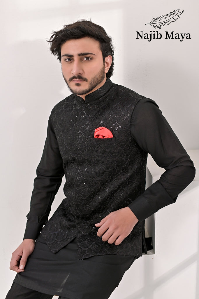 Black Embroidery Waist Coat & Black Kurta Pajama For Men's