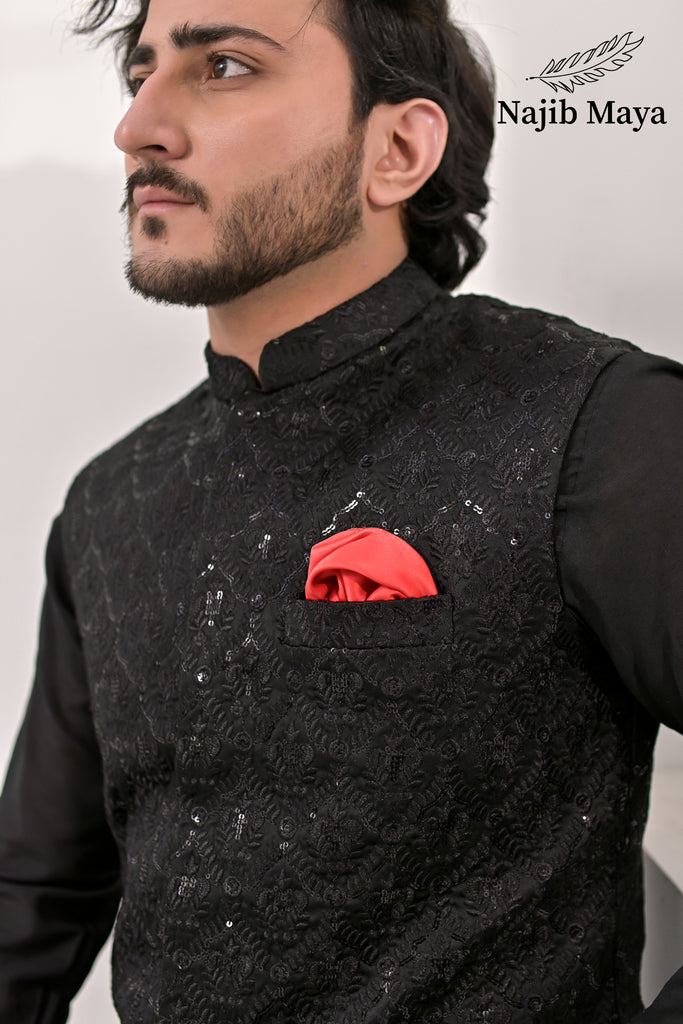 Black Embroidery Waist Coat & Black Kurta Pajama For Men's