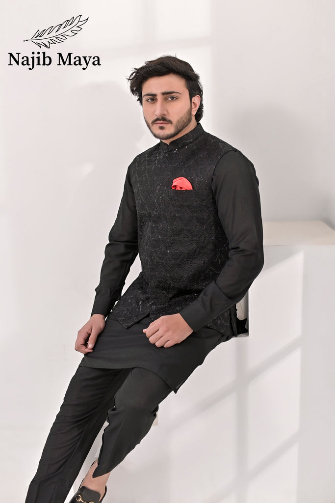 Black Embroidery Waist Coat & Black Kurta Pajama For Men's