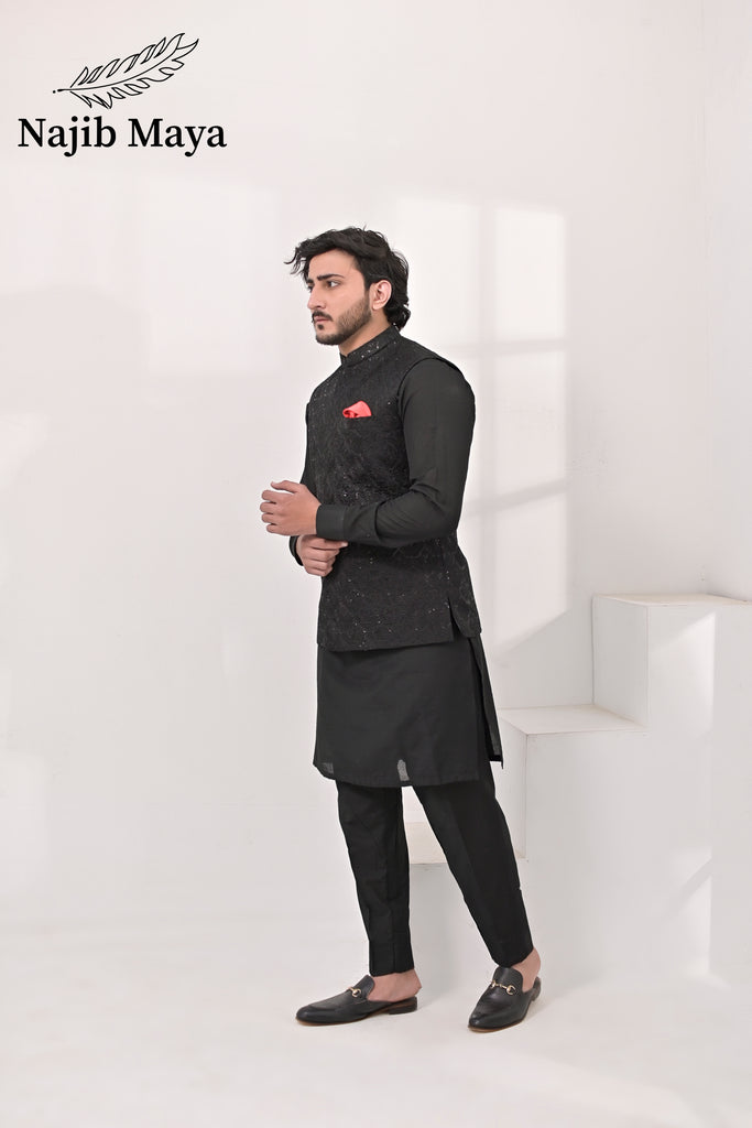 Black Embroidery Waist Coat & Black Kurta Pajama For Men's