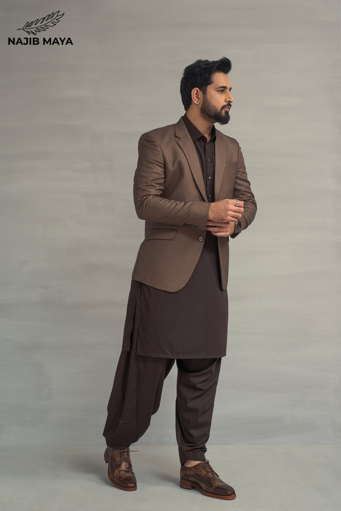 Brown Casual Coat + Brown Shalwar Kameez For Men's