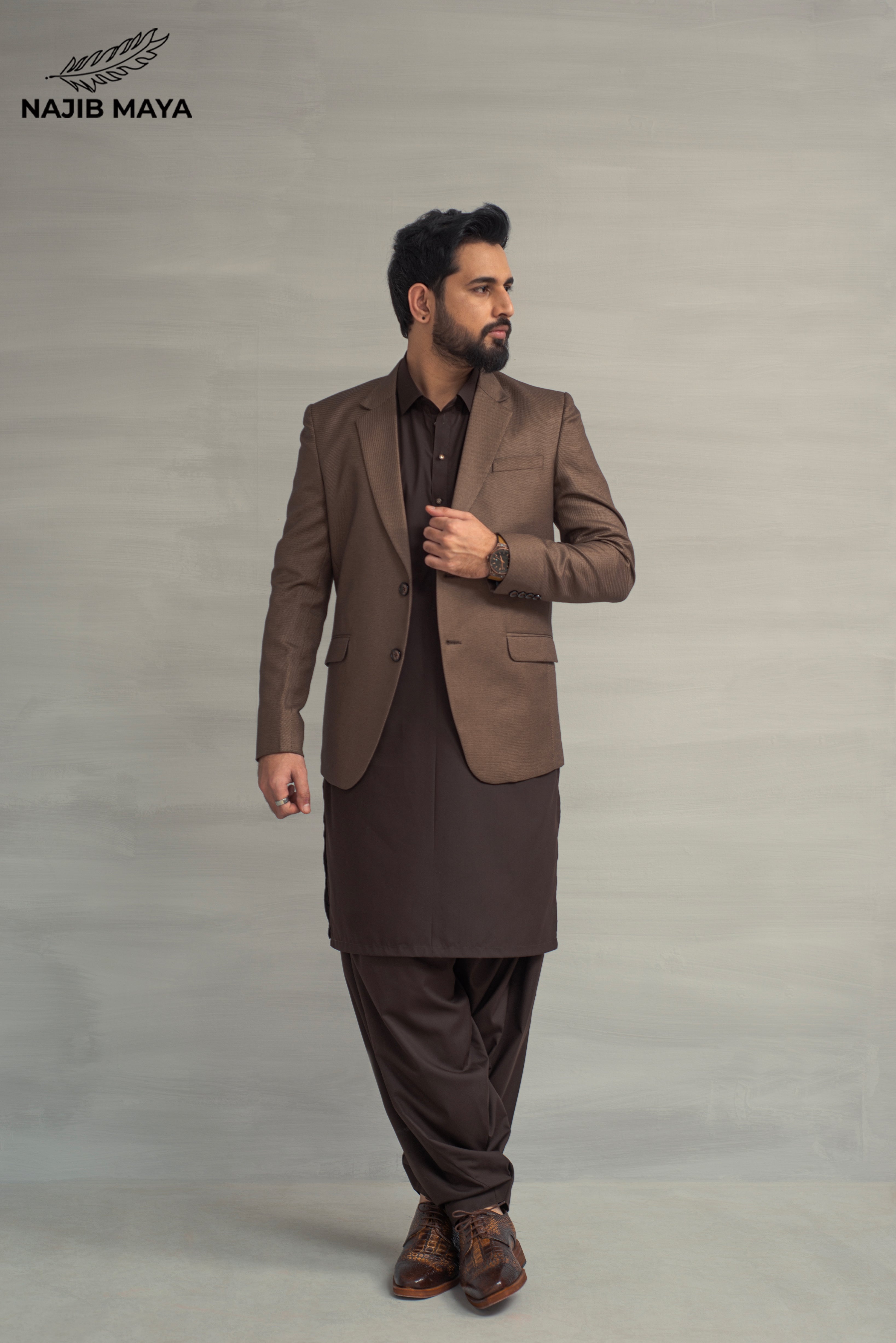 Brown Casual Coat + Brown Shalwar Kameez For Men's Main image