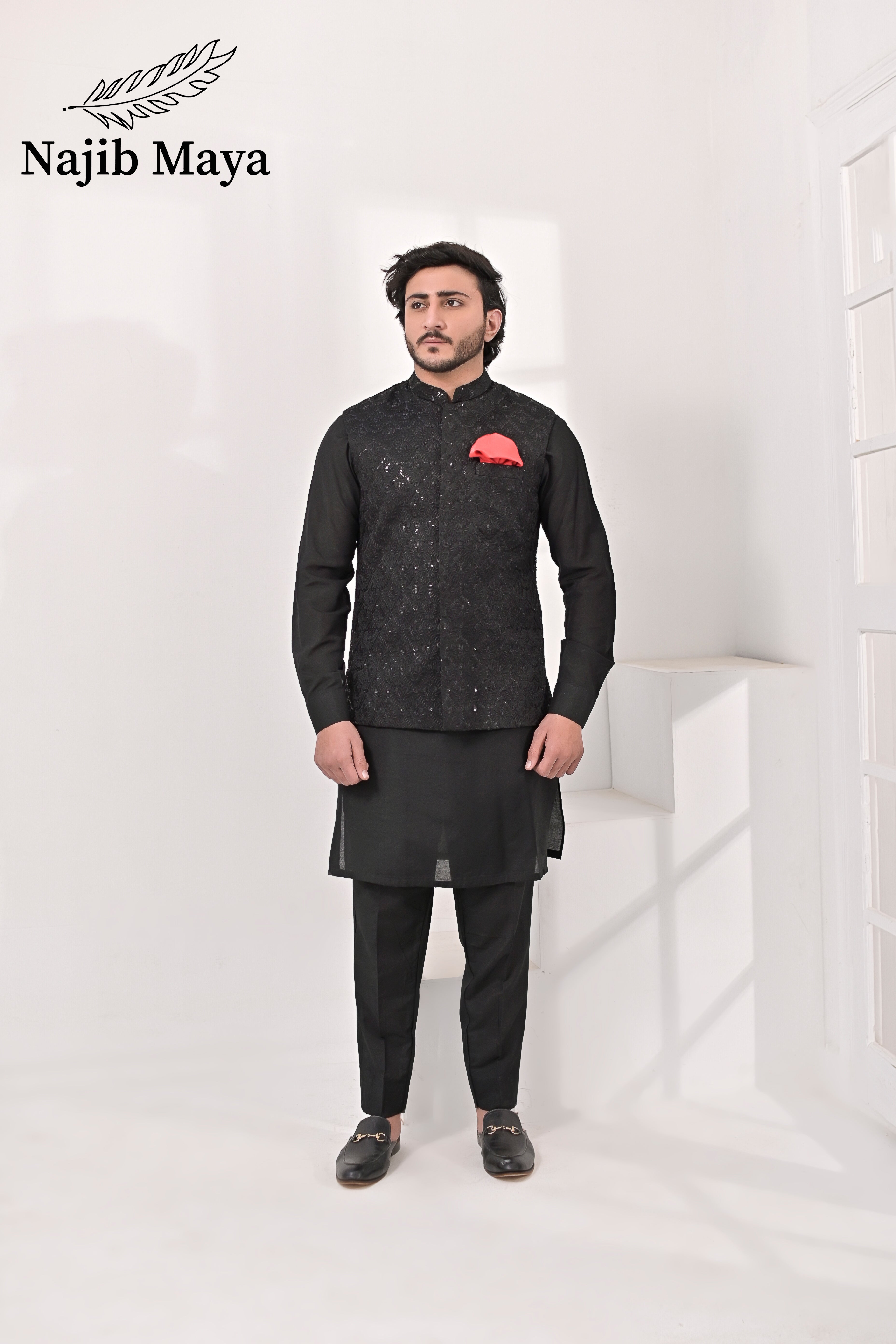 Black Embroidery Waist Coat & Black Kurta Pajama For Men's Main image