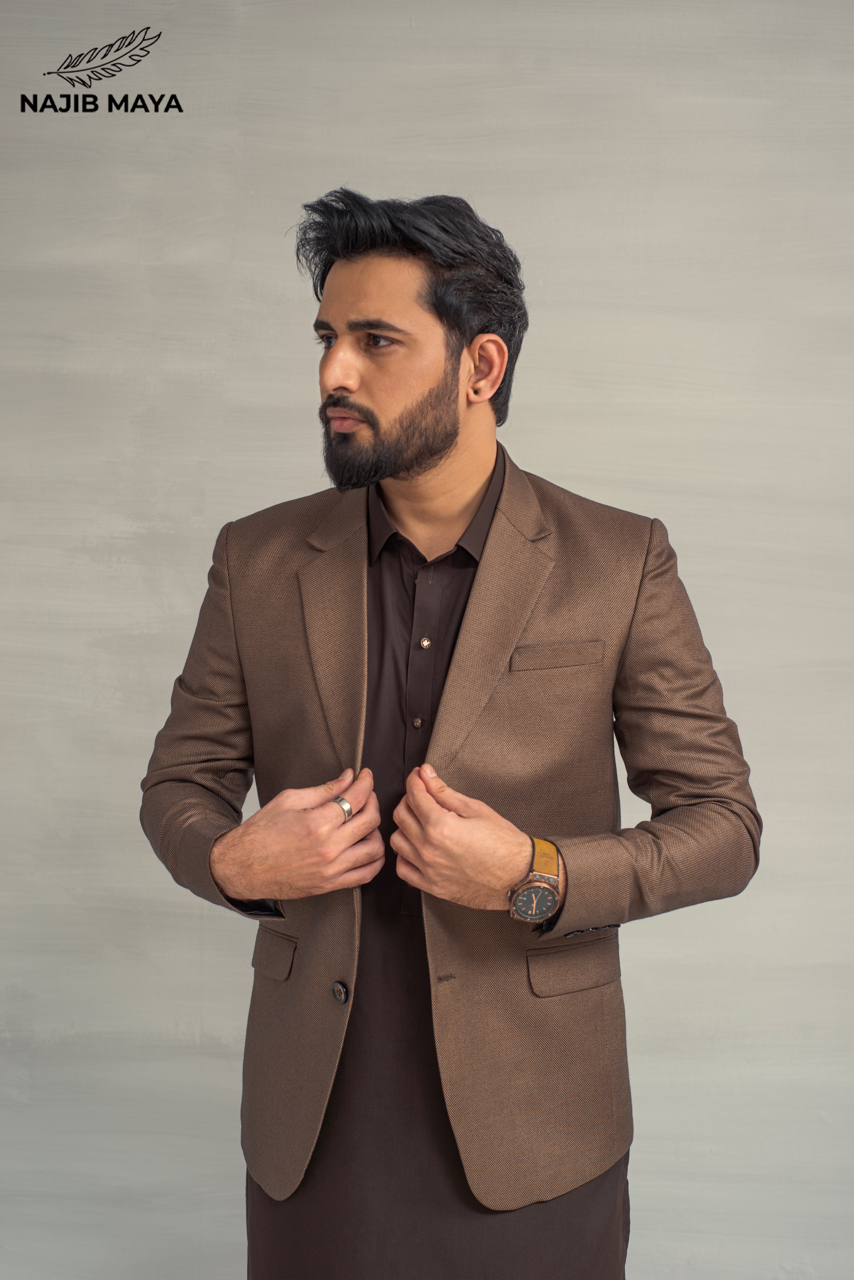 Brown Casual Coat + Brown Shalwar Kameez For Men's Secondary image