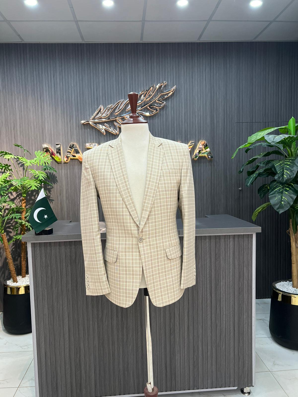 Beige Cheque Casual Coat For Men's Secondary image
