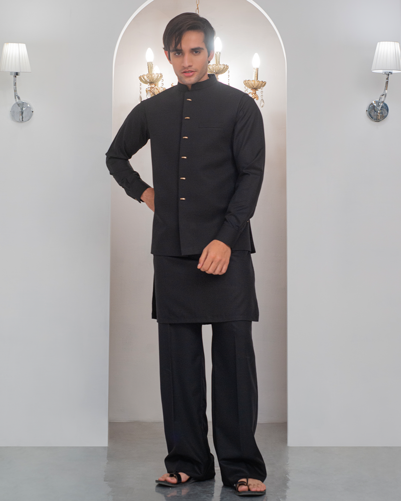 Black Kurta Bell Bottom Pajama + Waist Coat For Men's