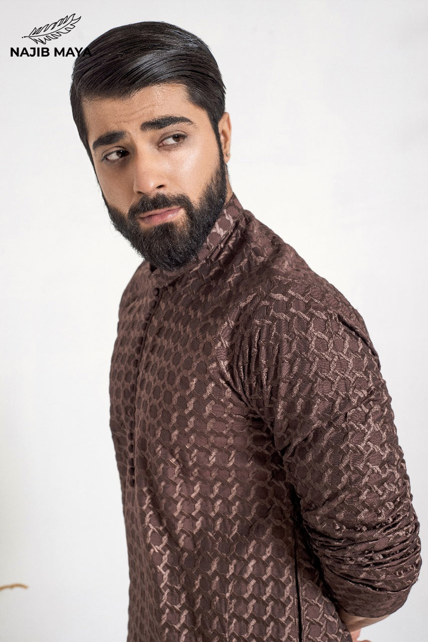 Brown Stylish Embroidery Kurta Pajama For Men's Secondary image