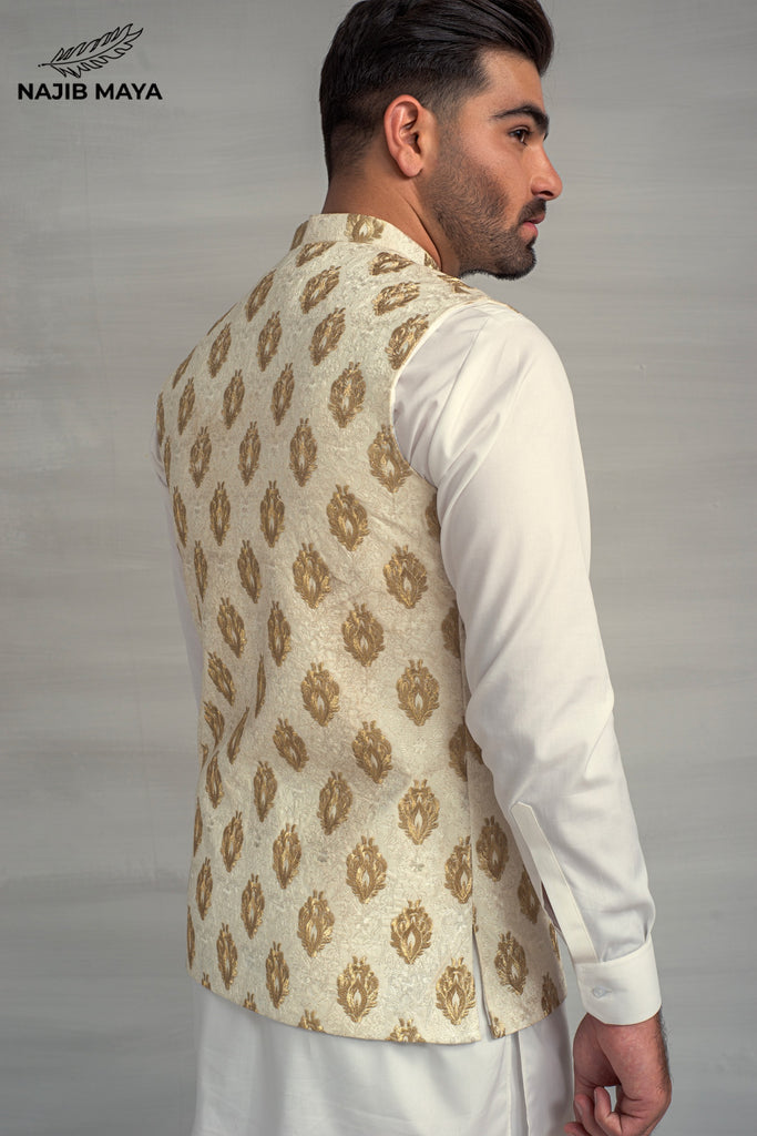 White Golden Embroidery Waistcoat + White Kurta Pajama For Men's