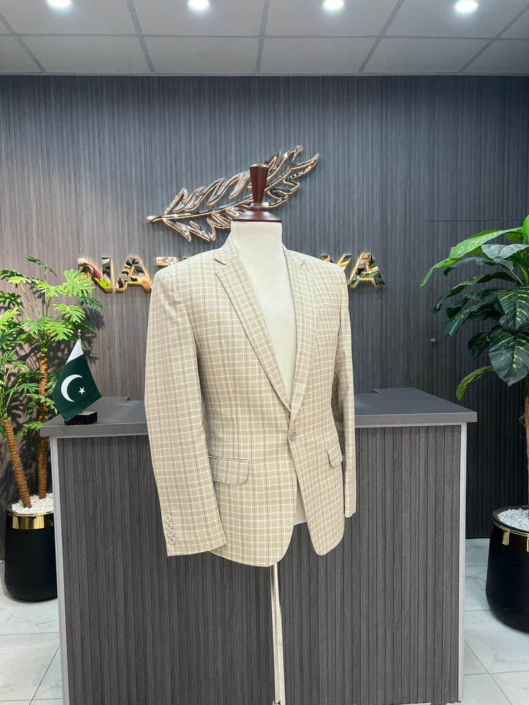 Beige Cheque Casual Coat For Men's