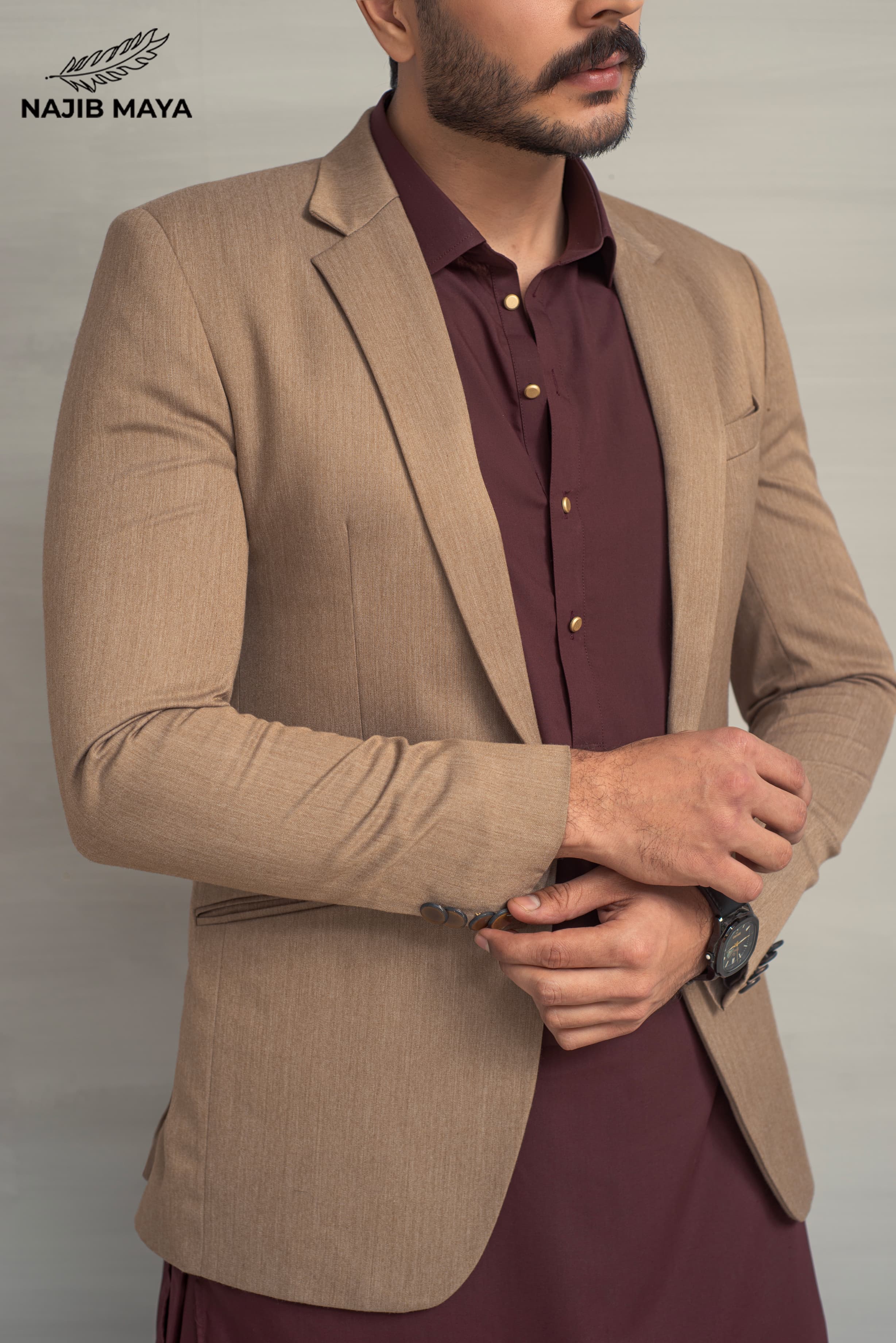 Brown Elegant Casual Coat + Maroon Shalwar Kameez For Men's Secondary image
