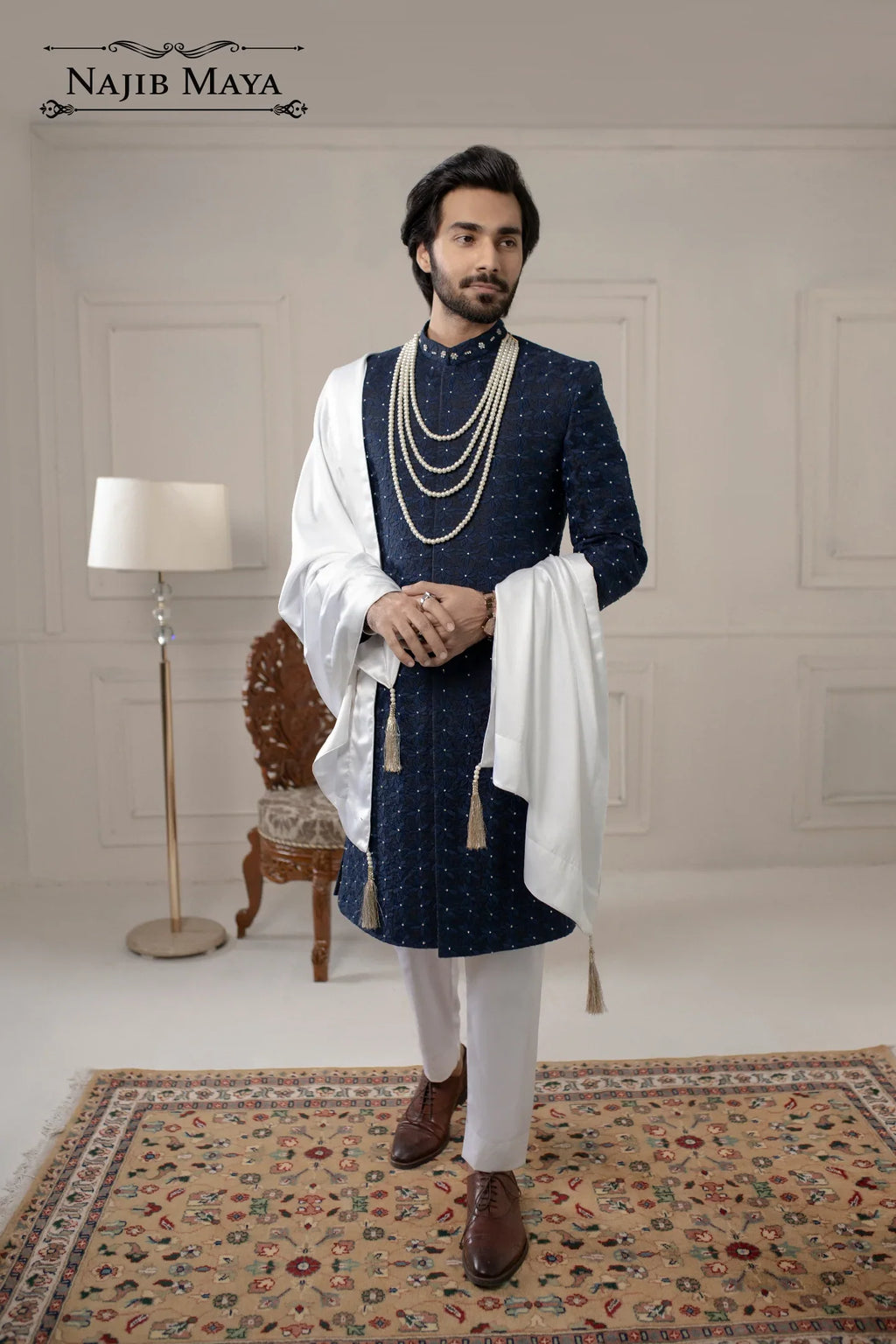 Navy Blue Hand Work Embroidered Sherwani For Men's