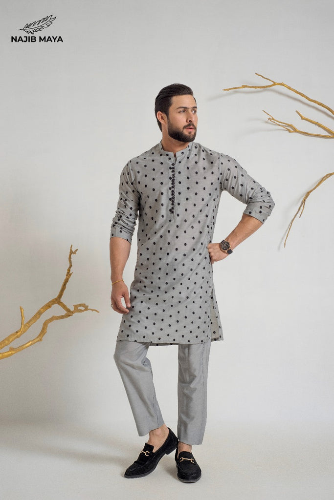 Grey Black Dots Embroidery  Kurta Pajama For Men's