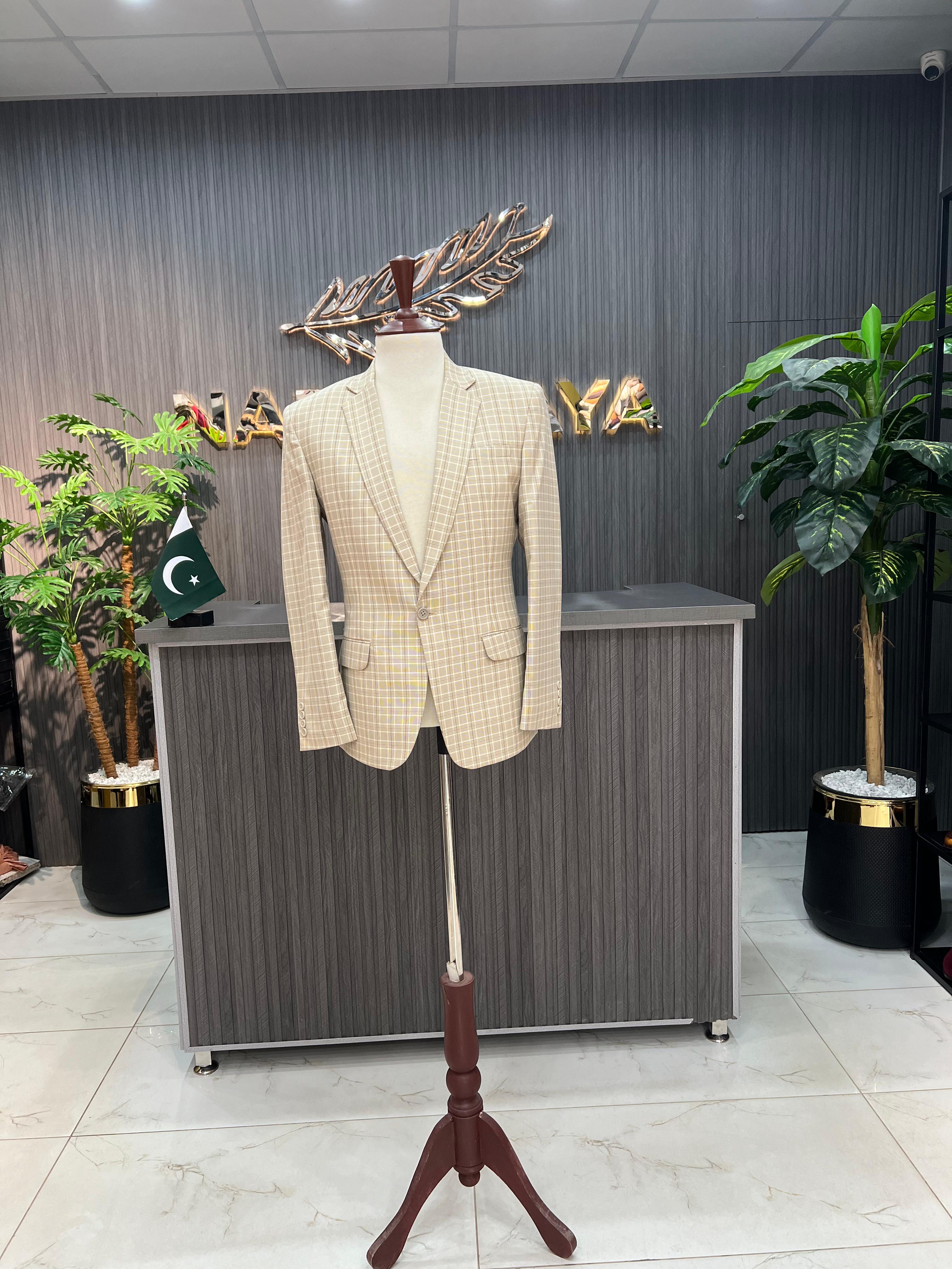 Beige Cheque Casual Coat For Men's Main image
