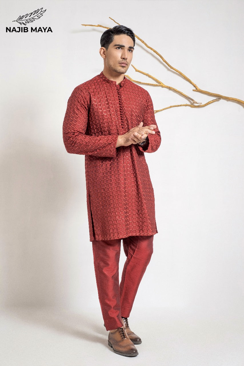 Maroon Stylish Embroidery Kurta Pajama For Men's Main image