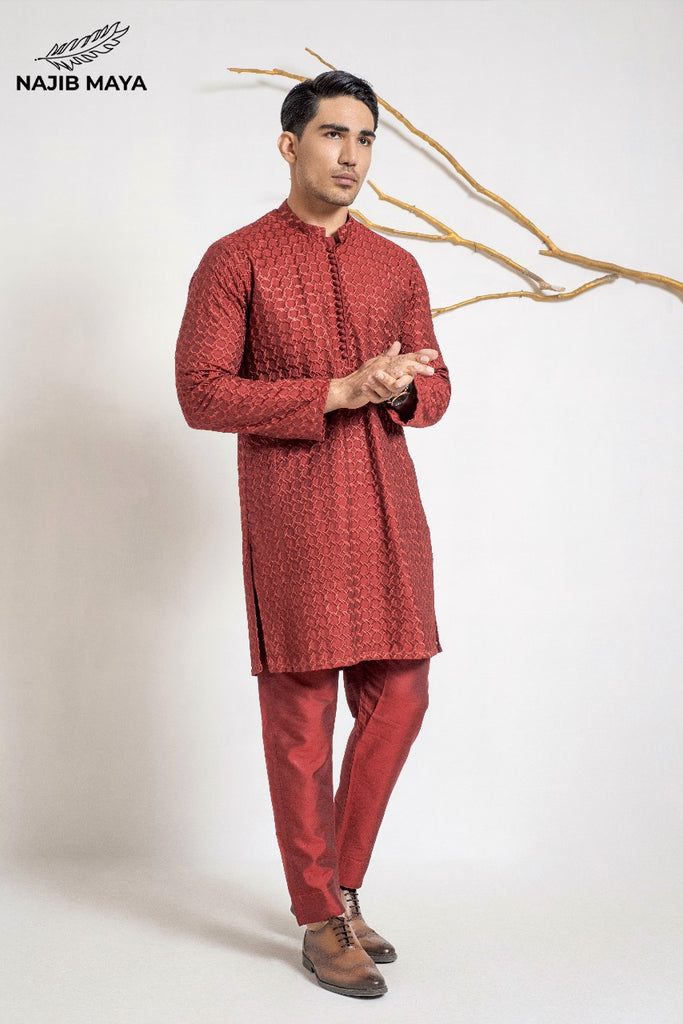 Maroon Stylish Embroidery Kurta Pajama For Men's