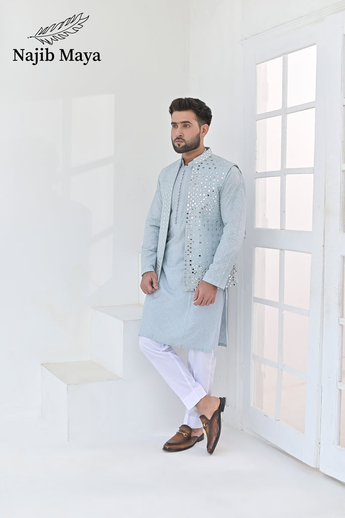 Powder Blue Embroidery + Mirror Work Waist Coat & Powder Blue Embroidery Kurta Pajama For Men's