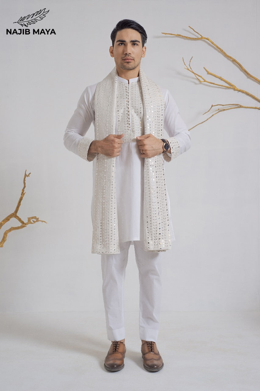 White Stylish Kurta Pajama + Shawl For Men's Main image