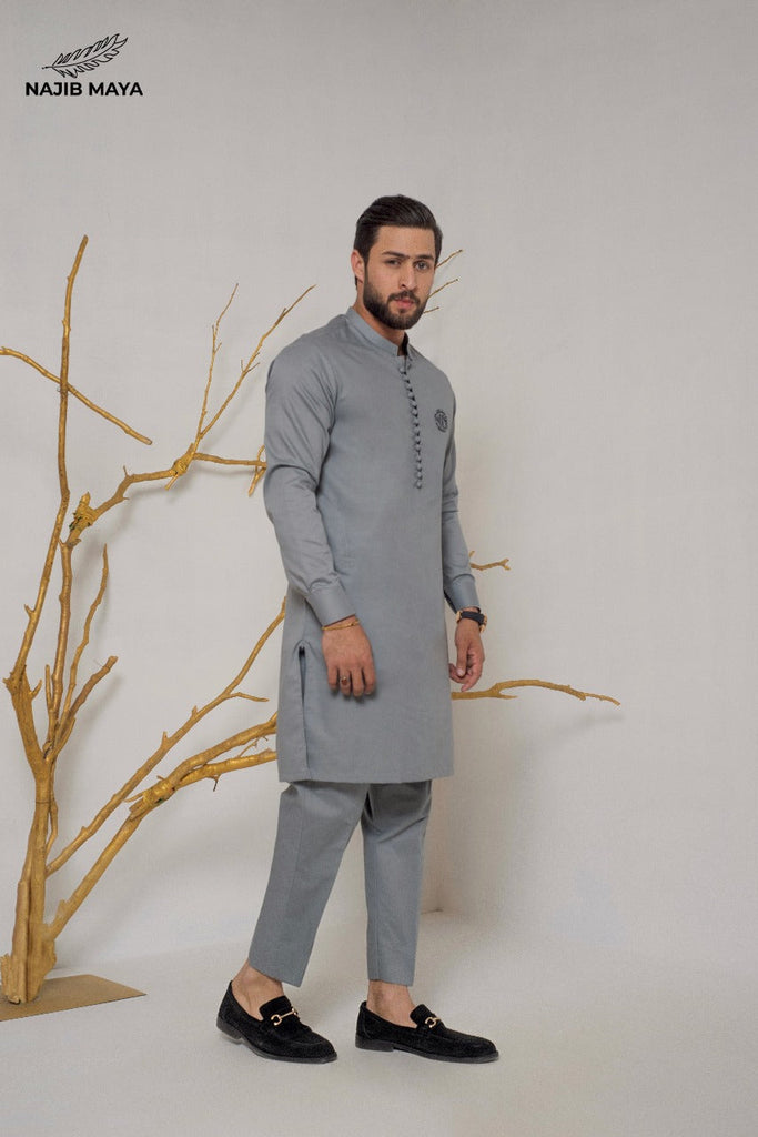 Grey Embroidered Logo Kurta Pajama For Men's