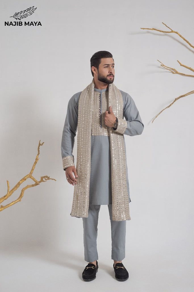 Grey Stylish Kurta Pajama + Shawl For Men's