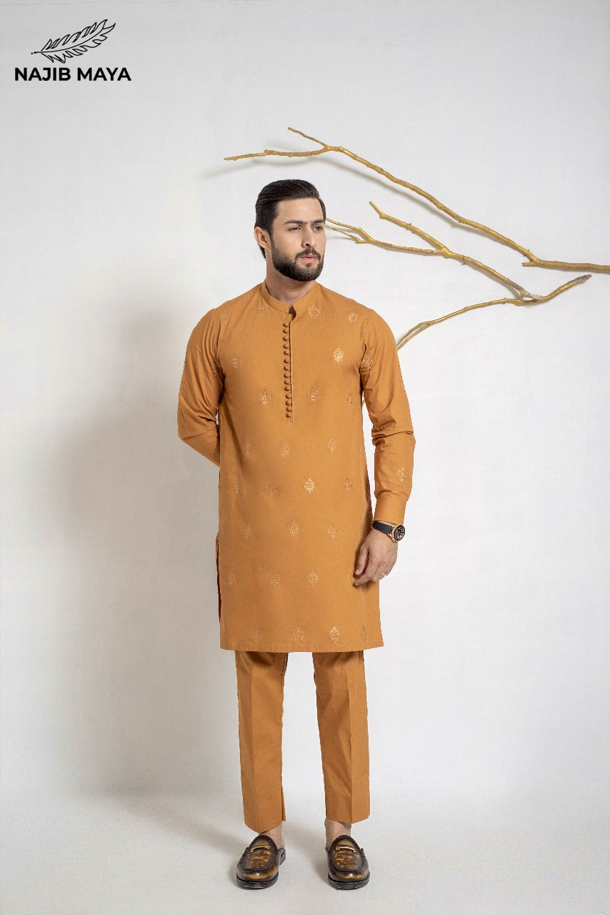 Rust Stylish Embroidered Kurta Pajama For Men's