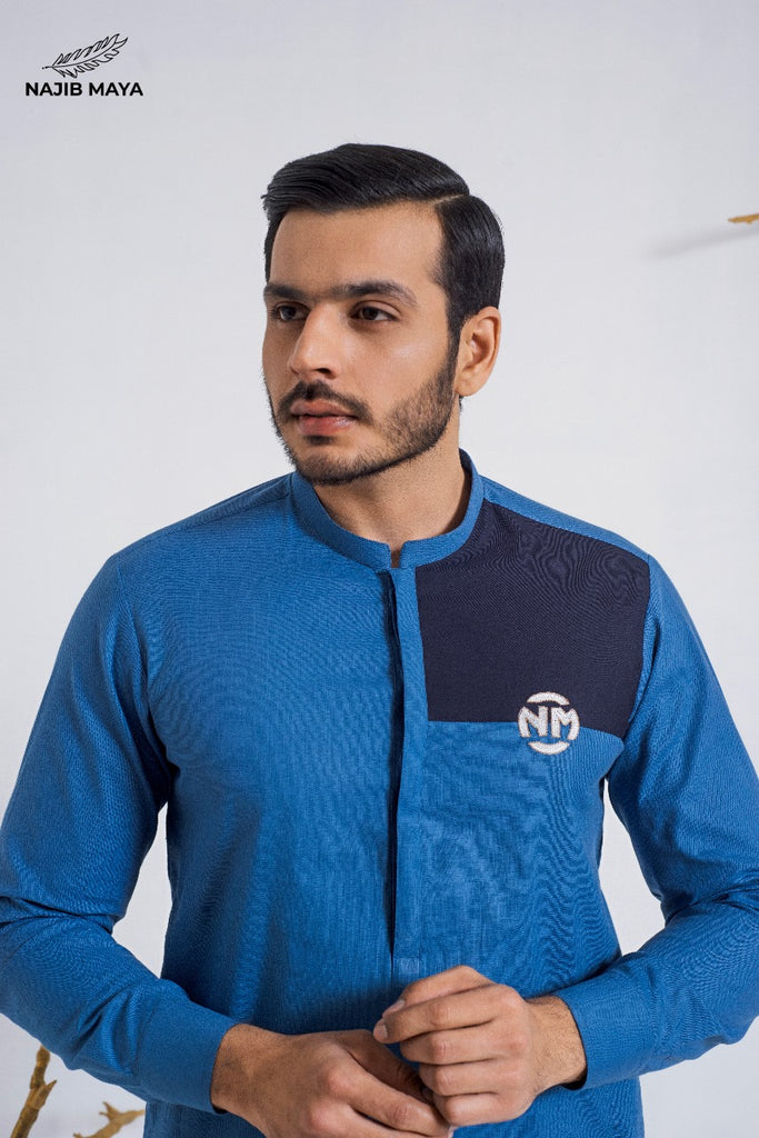 Blue Embroidered Logo Kurta Pajama For Men's