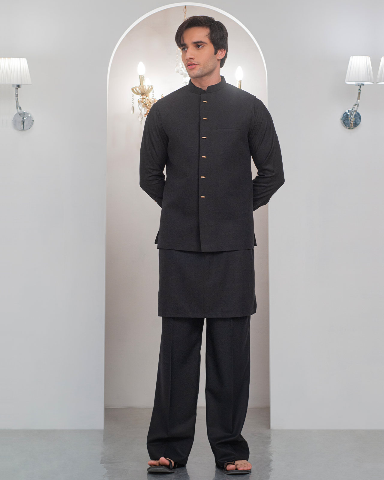 Black Kurta Bell Bottom Pajama + Waist Coat For Men's Main image