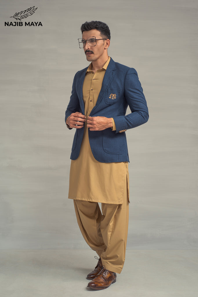 Blue Texture Casual Coat + Fawn Shalwar Kameez For Men's