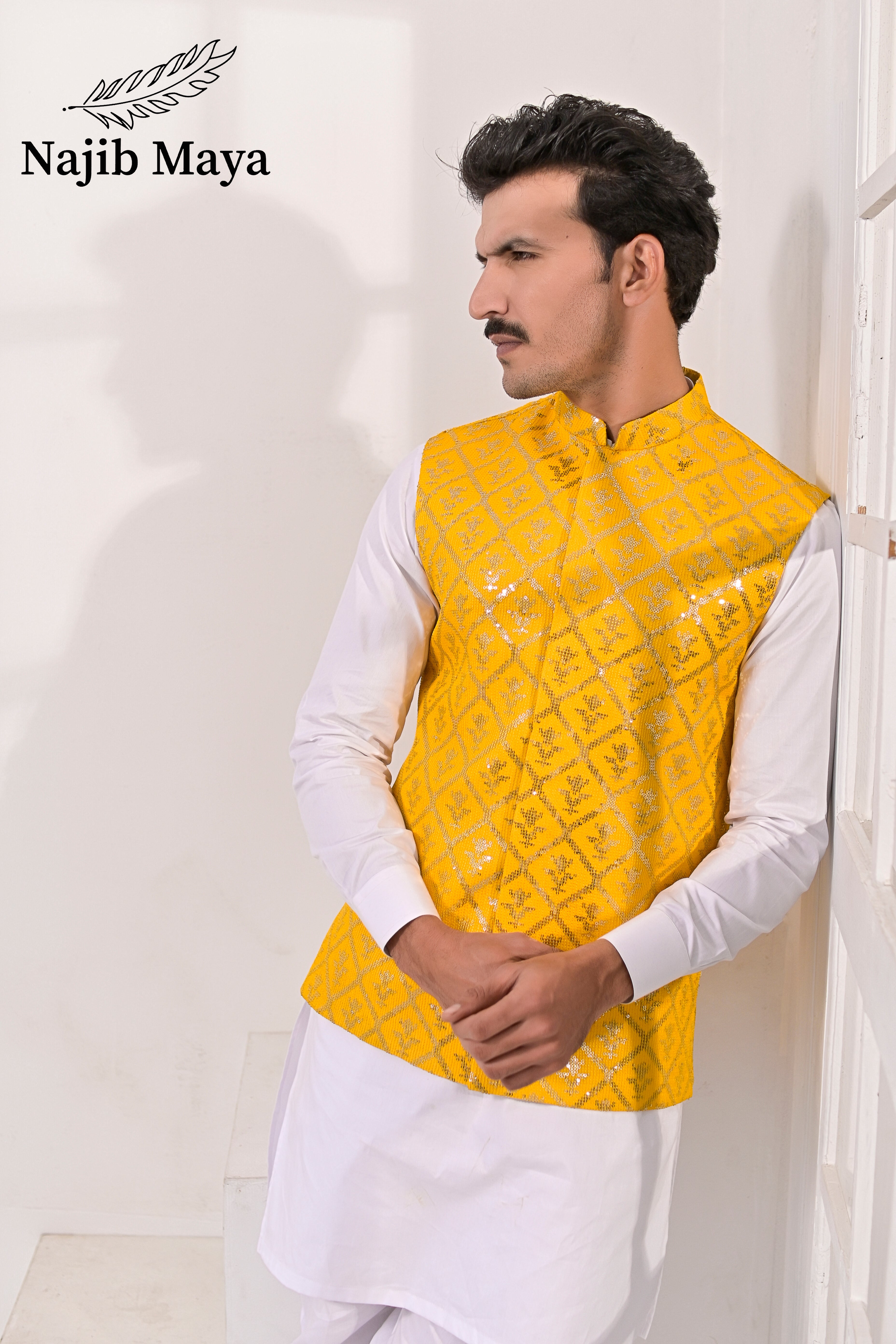 Yellow Sequence Embroidery Waist Coat & White Kurta Pajama For Men's