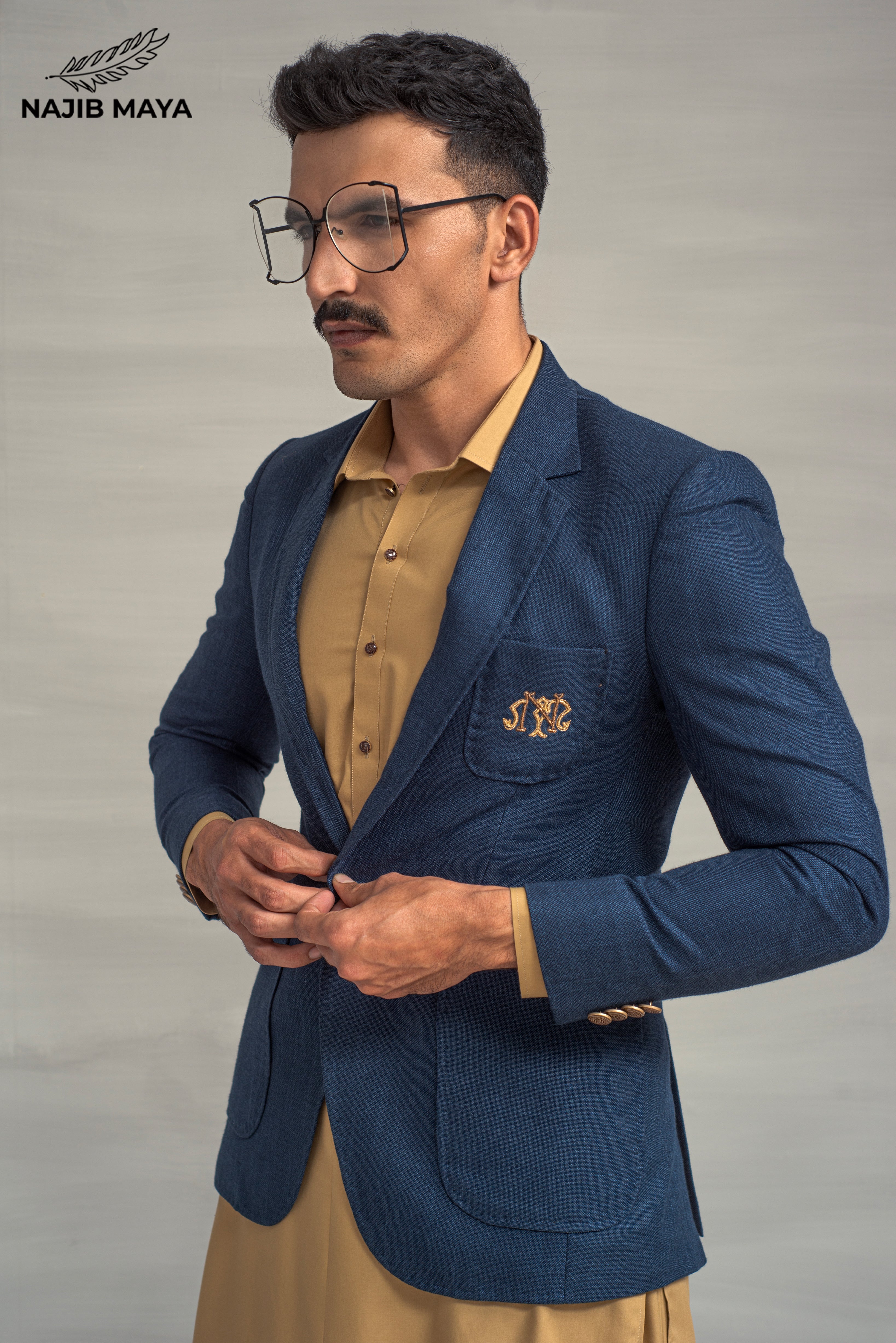 Blue Texture Casual Coat + Fawn Shalwar Kameez For Men's Secondary image