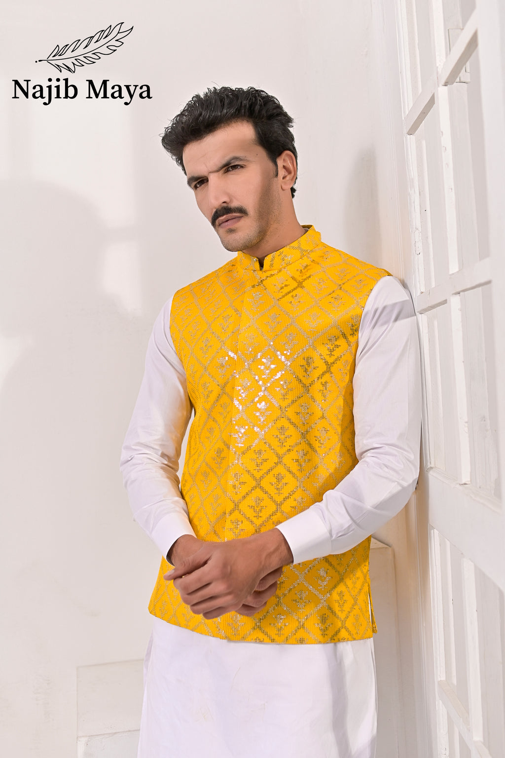 Yellow Sequence Embroidery Waist Coat & White Kurta Pajama For Men's