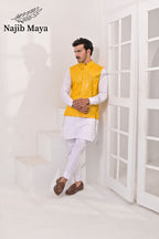 Yellow Sequence Embroidery Waist Coat & White Kurta Pajama For Men's