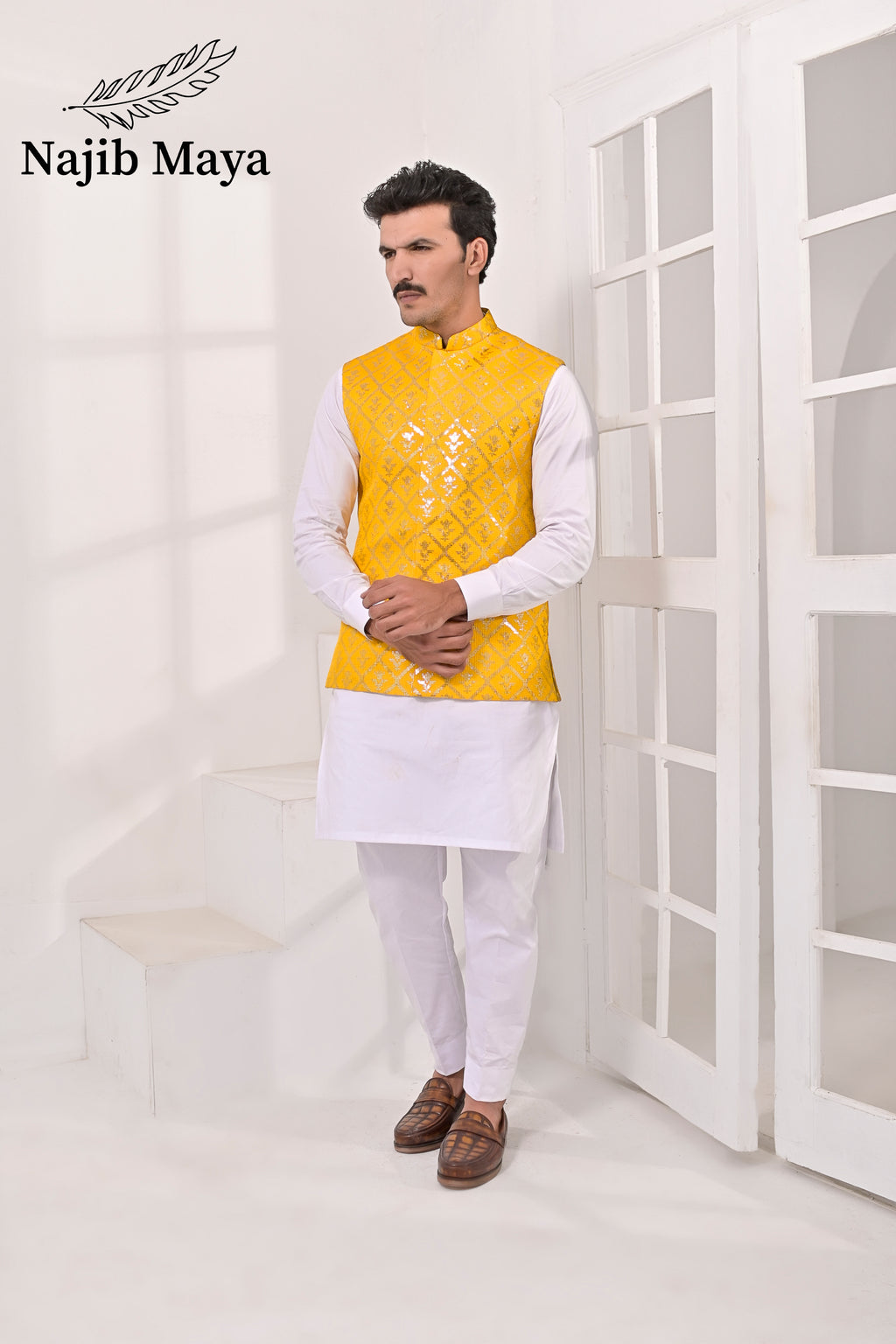 Yellow Sequence Embroidery Waist Coat & White Kurta Pajama For Men's