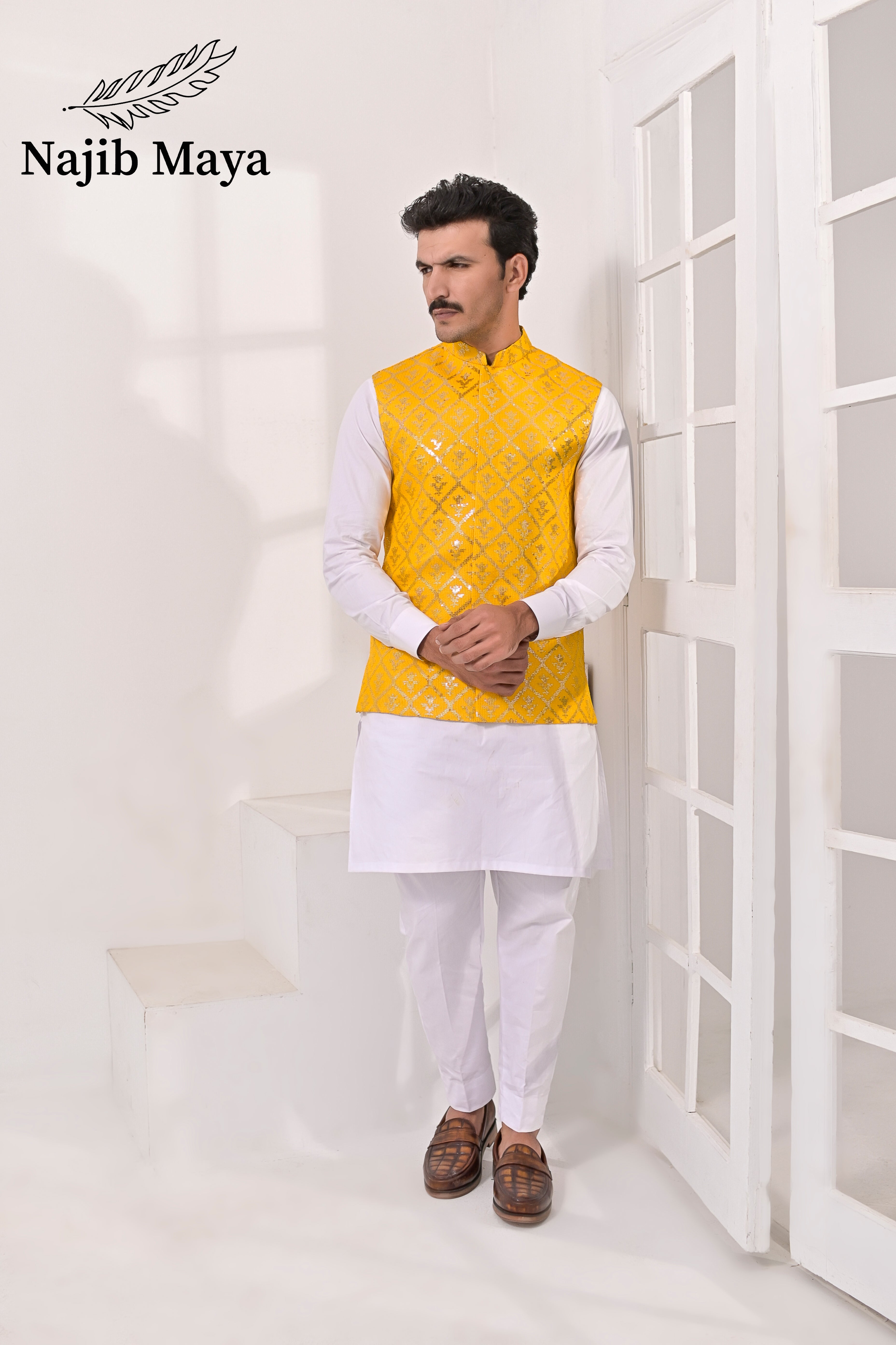 Yellow Sequence Embroidery Waist Coat & White Kurta Pajama For Men's Main image