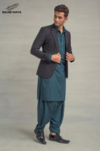 Black Casual Coat + Sea Green Shalwar Kameez For Men's