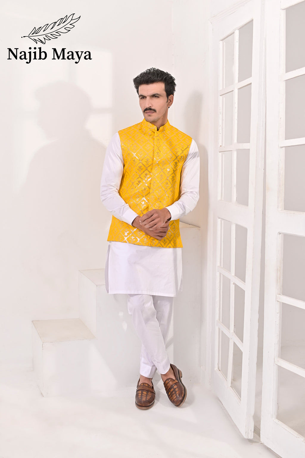 Yellow Sequence Embroidery Waist Coat & White Kurta Pajama For Men's