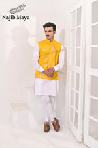 Yellow Sequence Embroidery Waist Coat & White Kurta Pajama For Men's