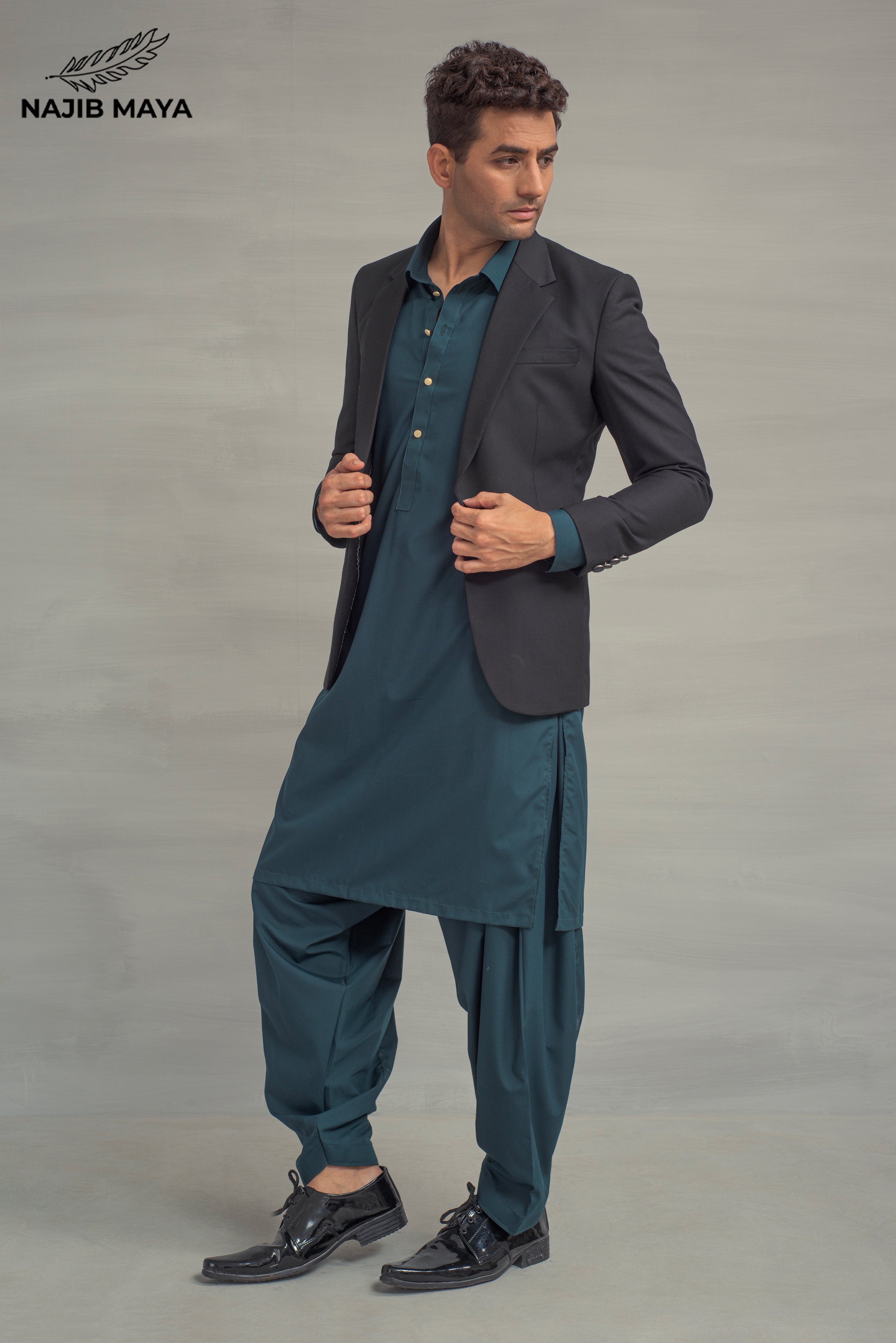 Black Casual Coat + Sea Green Shalwar Kameez For Men's Secondary image