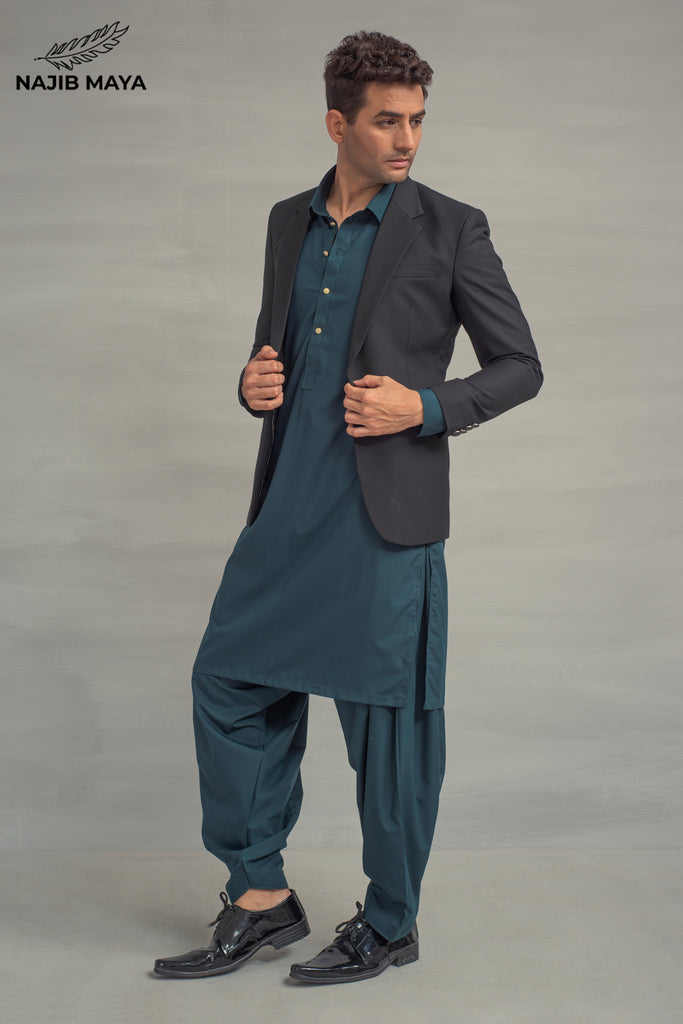 Black Casual Coat + Sea Green Shalwar Kameez For Men's