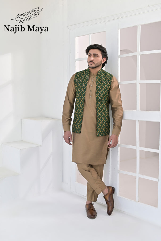 Green Copper Embroidery Waist Coat & Beige Kurta Pajama For Men's (Copy)