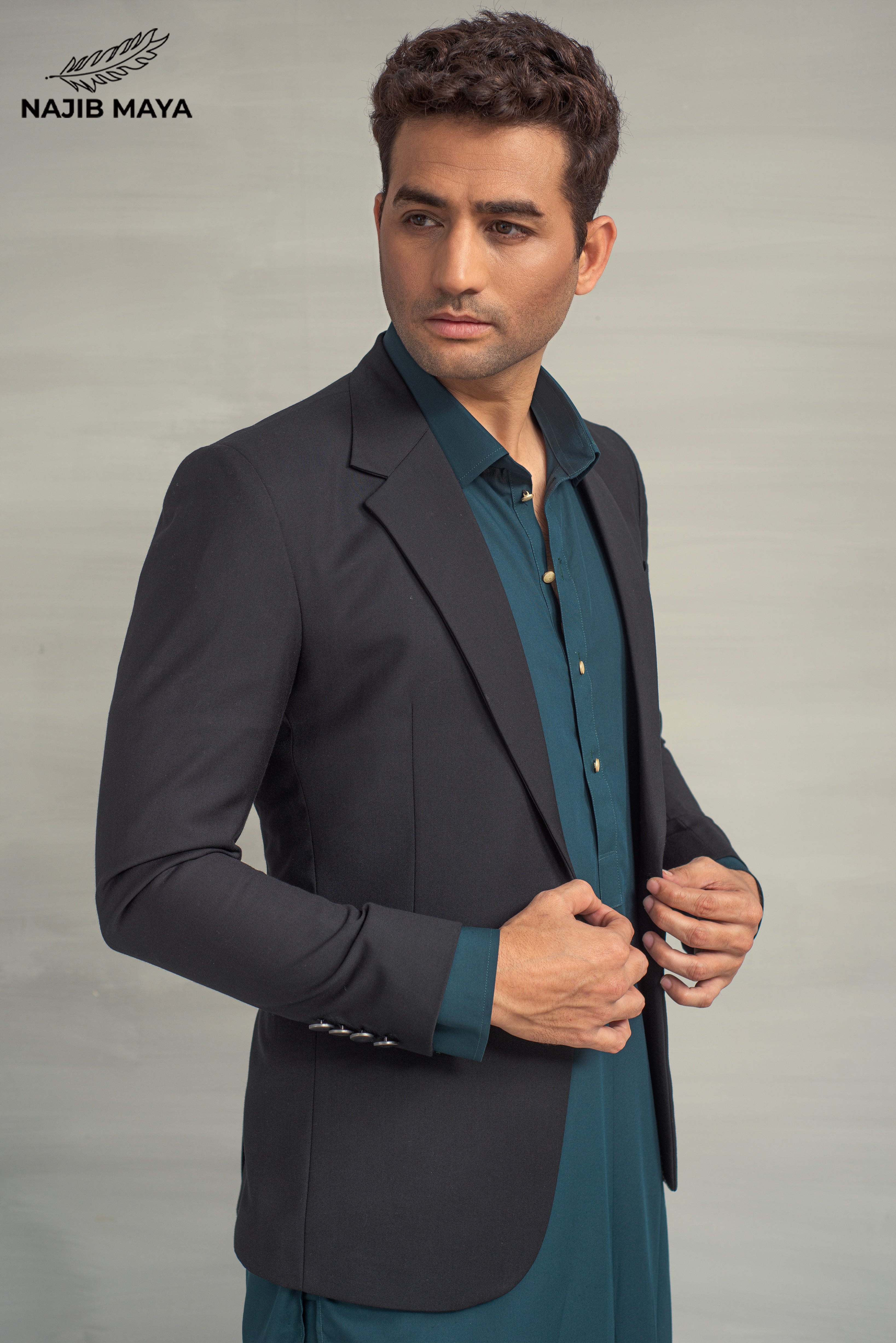 Black Casual Coat + Sea Green Shalwar Kameez For Men's