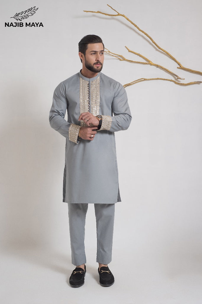 Grey Stylish Kurta Pajama + Shawl For Men's