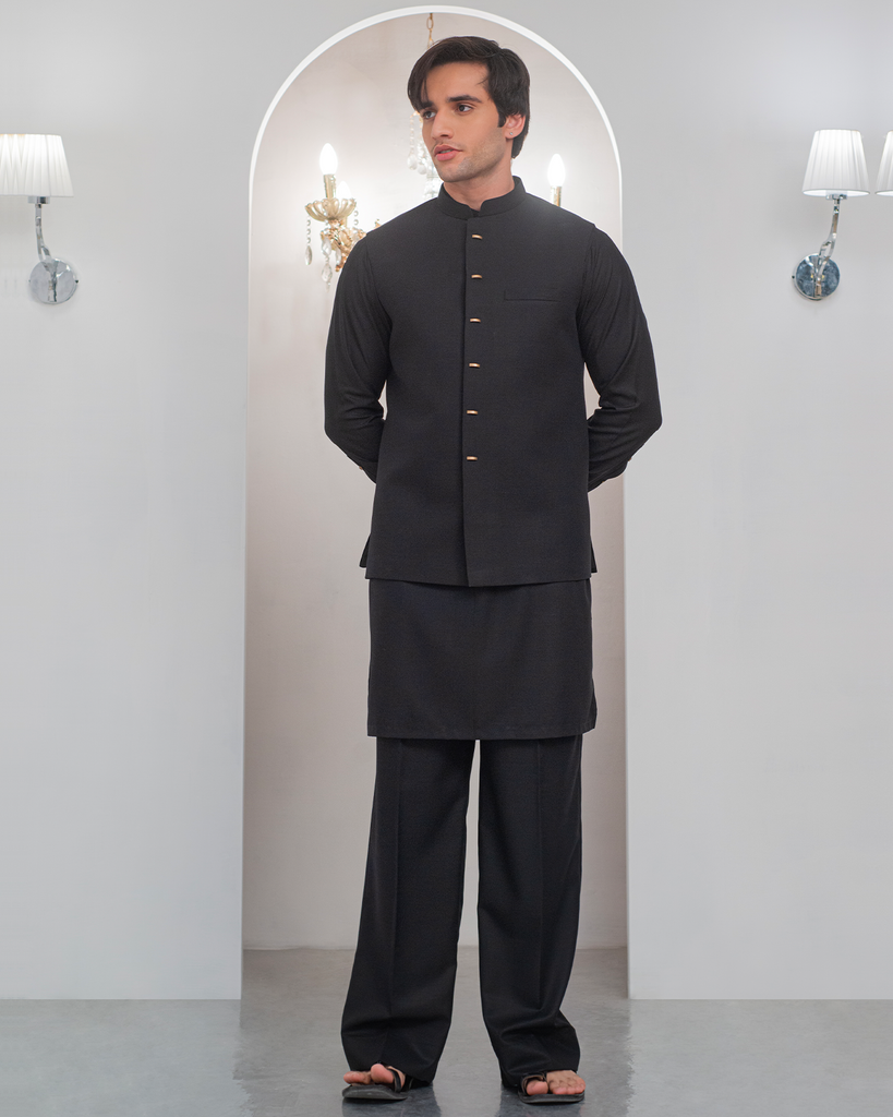 Black Kurta Bell Bottom Pajama + Waist Coat For Men's