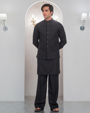 Load image into Gallery viewer, Black Kurta Bell Bottom Pajama + Waist Coat For Men's